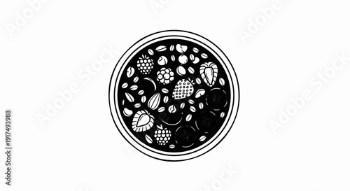 Circular arrangement of assorted fruits and nuts, hand-drawn style