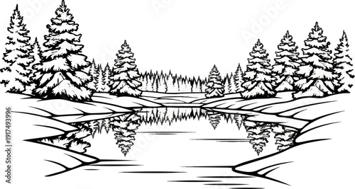 Black and white line drawing of a winter forest scene with snow-covered trees and a calm lake reflecting the trees