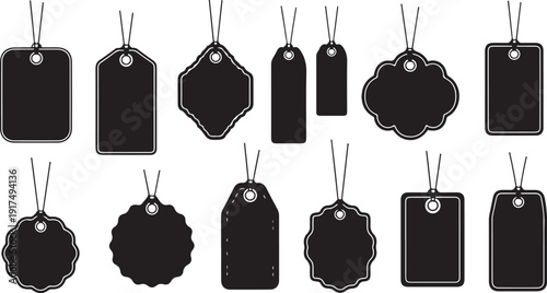 Collection of blank black tags with strings and outlines