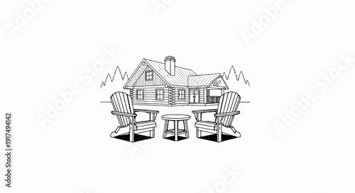 Cozy log cabin scene with Adirondack chairs and table in front
