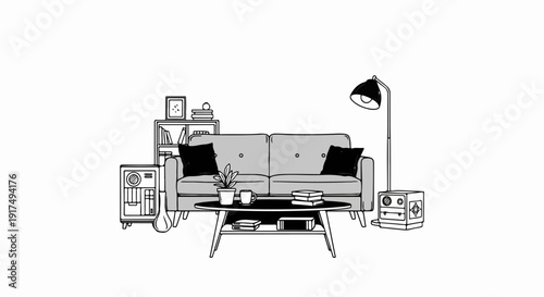 Cozy minimalist living room with sofa, coffee table, lamp, and shelves