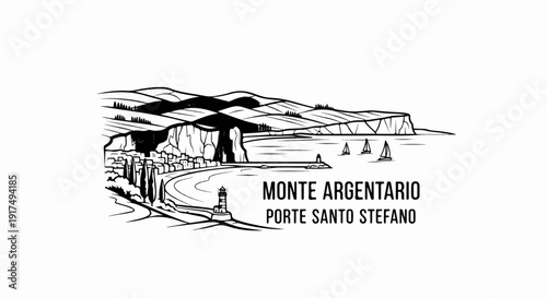 Coastal town with sailboats, cliffs, and a lighthouse under rolling hills