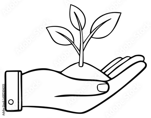 Outline of hand holding small plant with soil, promoting growth and nature