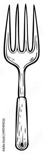 Detailed drawing of a fork for eating food. Close up with outlines.