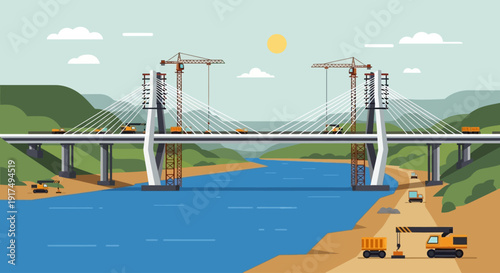 Vibrant flat design illustration of a massive cable-stayed bridge currently under active construction spanning a wide river, symbolizing progress and complex engineering