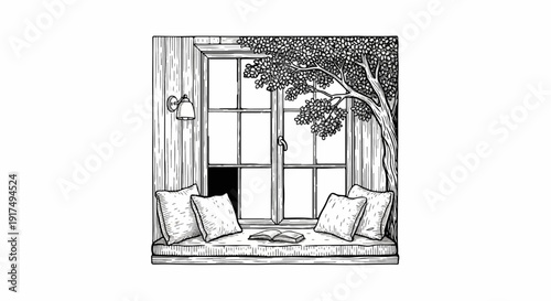 Cozy window seat with pillows, an open book, and a tree