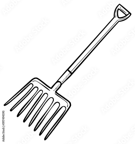 Hand drawn illustration of a garden pitchfork with a long handle and tines