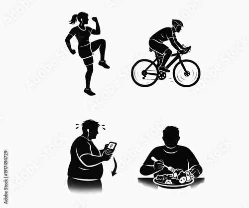 Fitness and Healthy Lifestyle Silhouettes  HIIT Workout, Cycling, Step Tracking and Nutrition