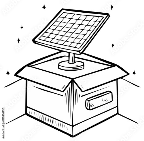 Solar panel emerging from a cardboard box with sparkling stars