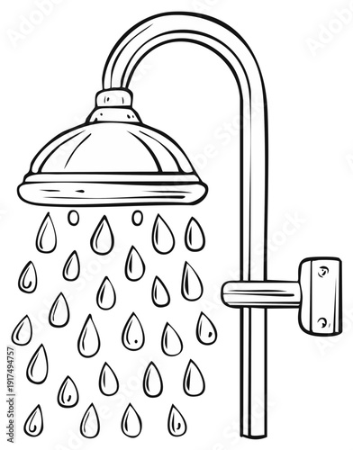 Cartoon illustration of a shower head with falling water drops