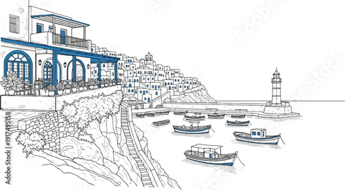 Coastal village with white buildings, blue accents, harbor, boats, and lighthouse