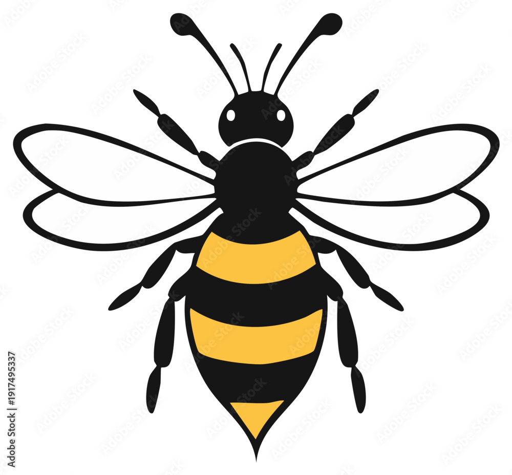 Obraz premium Stylized Black and Yellow Striped Bee Illustration with Translucent Wings and Antennae
