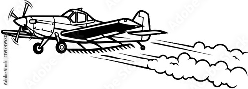 Crop duster aircraft spraying mist from its nozzles while in flight