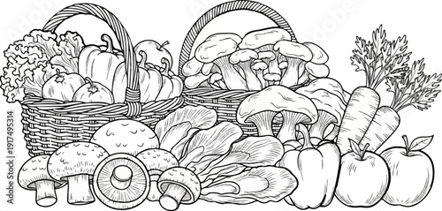 Collection of assorted vegetables and fruits in baskets, black and white illustration