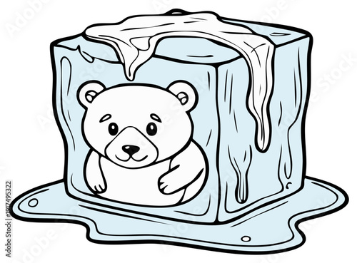 Cute polar bear cub in a melting ice cube a climate change concept illustration