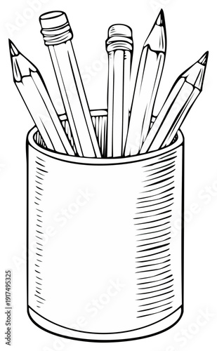 Collection of sharpened pencils in a cup sketch for creative arts and education
