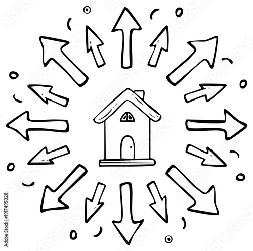 Hand-drawn house illustration with arrows pointing outwards and inwards