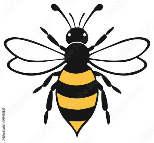 Stylized Black and Yellow Striped Bee Illustration with Translucent Wings and Antennae