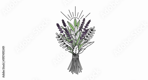 Delicate illustration of lavender and greenery tied with string, sun rays
