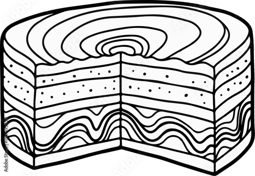 Cross section of a layered cake with swirls and dots