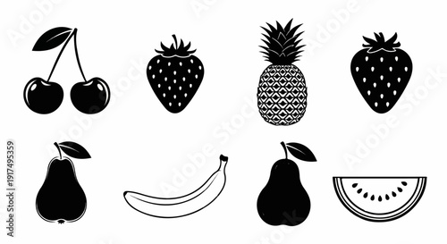 Collection of black and white fruit icons cherries, strawberries, pineapple, pear, banana, watermelon