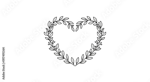 Delicate heart-shaped wreath of leaves and berries, hand-drawn style