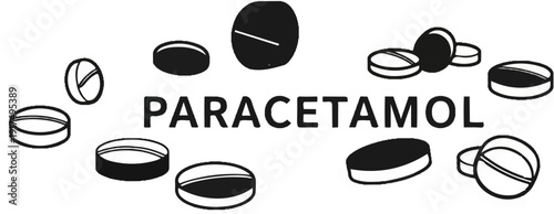 Collection of black and white pills arranged around the word PARACETAMOL