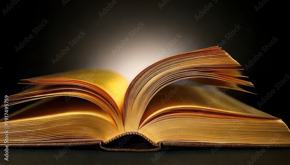 Fototapeta premium Open book with illuminated pages against a dark background.