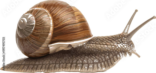 Realistic vector illustration of a garden snail with detailed brown spiral shell and textured skin isolated on a white background.