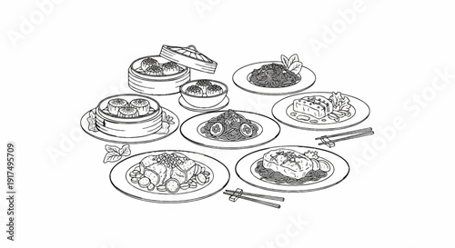 Collection of diverse Asian dishes, including noodles, dumplings, and tofu, artfully arranged