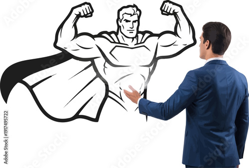 Businessman touching a stylized superhero, representing inner strength