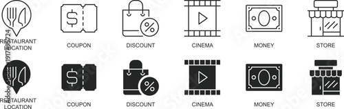 Restaurant Coupon and Store Icons Set, Cinema Money Discount Line Vector Collection