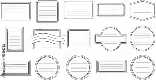 Collection of diverse blank lined label and tag shapes for writing