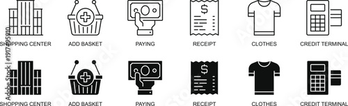 Retail Shopping and Payment Icons Set, Store Checkout Receipt Credit Card Line Vector Collection