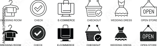 Fashion Shopping Icons Set, Dressing Room Checkout Ecommerce Line Vector Collection