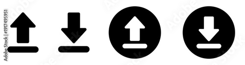 Download Upload icon set with arrow symbols in solid style. Up and down transfer buttons including circular versions. Send and receive flat vector UI elements for app and web interface design