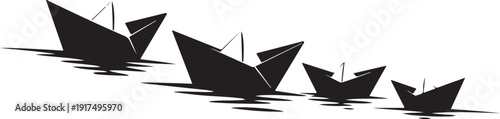Black paper boats floating on calm water surface illustration