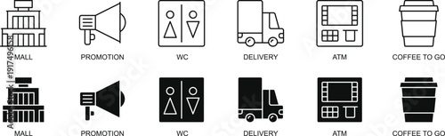 Mall and Retail Facilities Line Icons Set, Store Promotion Delivery ATM Coffee Outline Vector Collection