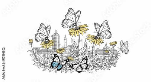 Butterflies flutter among flowers with a city skyline in the background