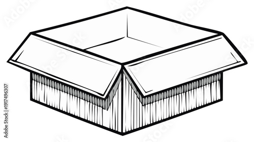 Open empty corrugated cardboard box isometric view black line art illustration for packaging shipping delivery