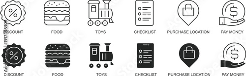 Discount Food and Shopping Line Icons Set, Retail Store Purchase Checklist Toys Payment Vector Collection