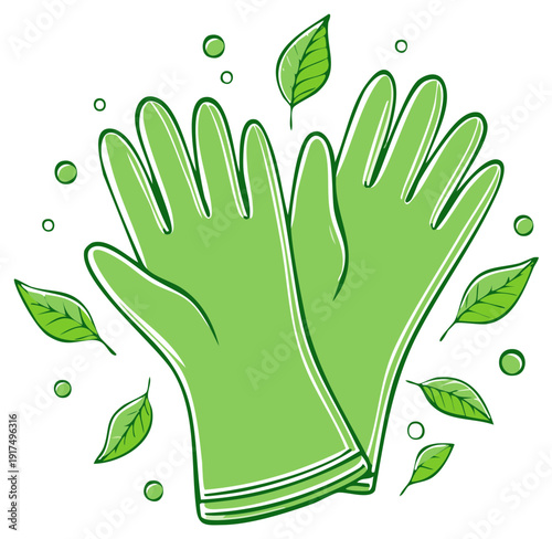 Green protective gloves for gardening or cleaning surrounded by fresh natural leaves