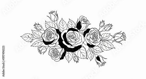 Delicate line art of a rose bouquet with buds and leaves