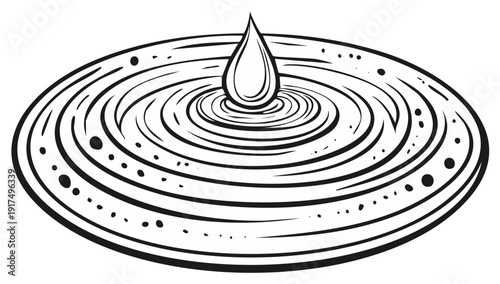 Hand drawn water drop creating ripples on a surface black and white line art illustration