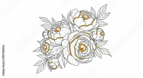 Delicate line art peonies adorned with golden beads and pearls, on white