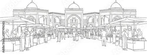 Bustling outdoor market scene with architectural background and vendors