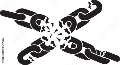 Broken chain links crossing over each other in black