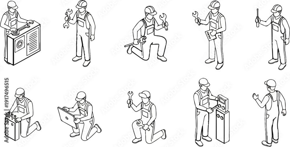 Fototapeta premium Collection of isometric line art workers in overalls with tools and equipment