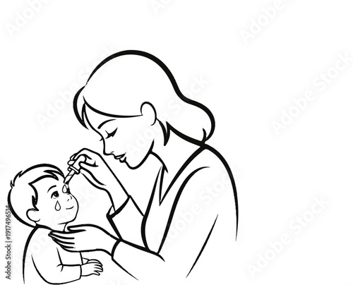 Caring mother applying eye drops to her child's teary eyes
