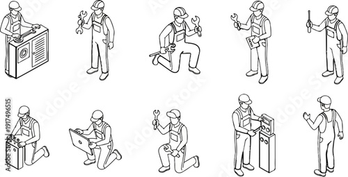 Collection of isometric line art workers in overalls with tools and equipment
